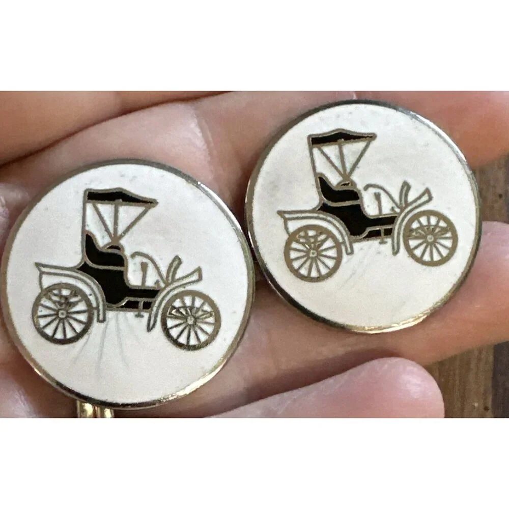 Vintage Enamel 1904 Ford Model A Car Cufflinks Pair‎ Round White Gold